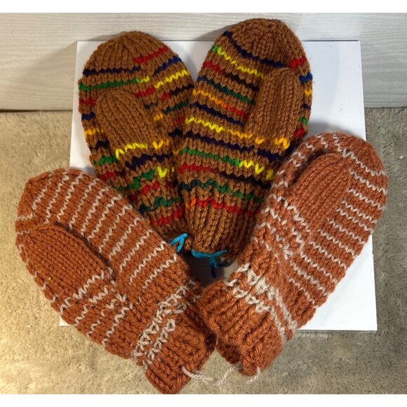Hand Knitted Mittens Kids Striped & Multicolor Brown 7.5" Long 2 Pairs Winter - Picture 5 of 5